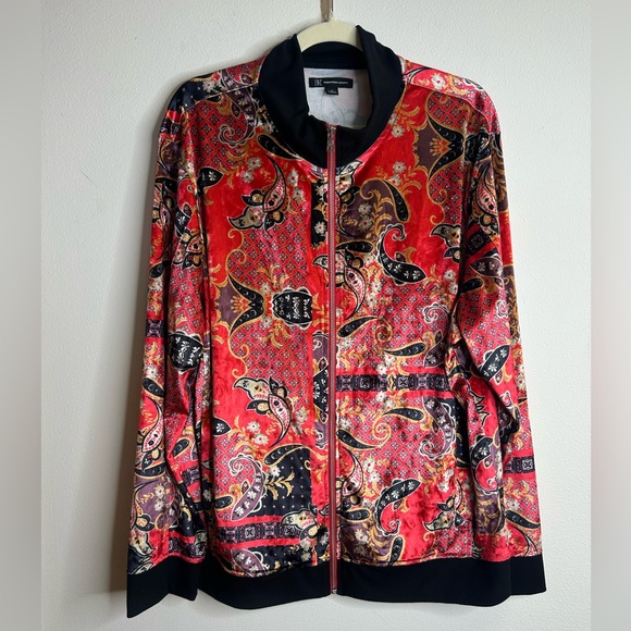 INC International Concepts Red Black Paisley Bomber Jacket Velvet Hip Hop Lux - Picture 2 of 10